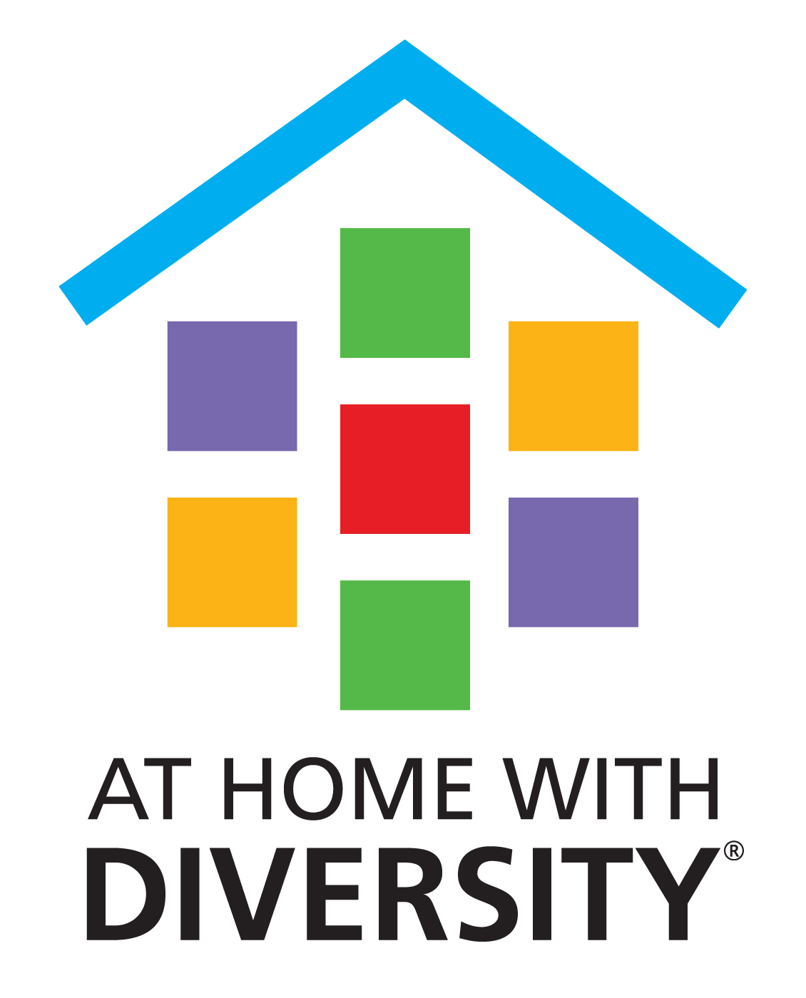Logo with blue roof over multicolored squares and text “At Home with Diversity”