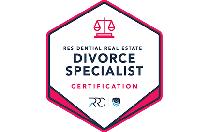 Pink hexagonal badge reading “Residential Real Estate Divorce Specialist Certification” with scale icon