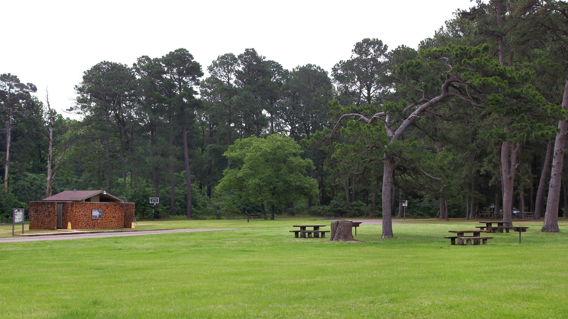A picnic area in the middle of a field with trees in the background