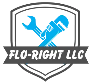 FLO-RIGHT LLC logo with blue wrench and plumbing tool inside a gray shield