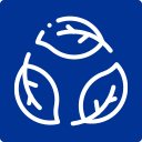 White leaves in a triangle, symbolizing recycling and nature, on a blue background.
