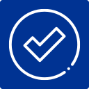 White checkmark icon inside a white circle on a blue background.