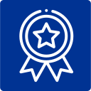 White badge with a star, on blue background.