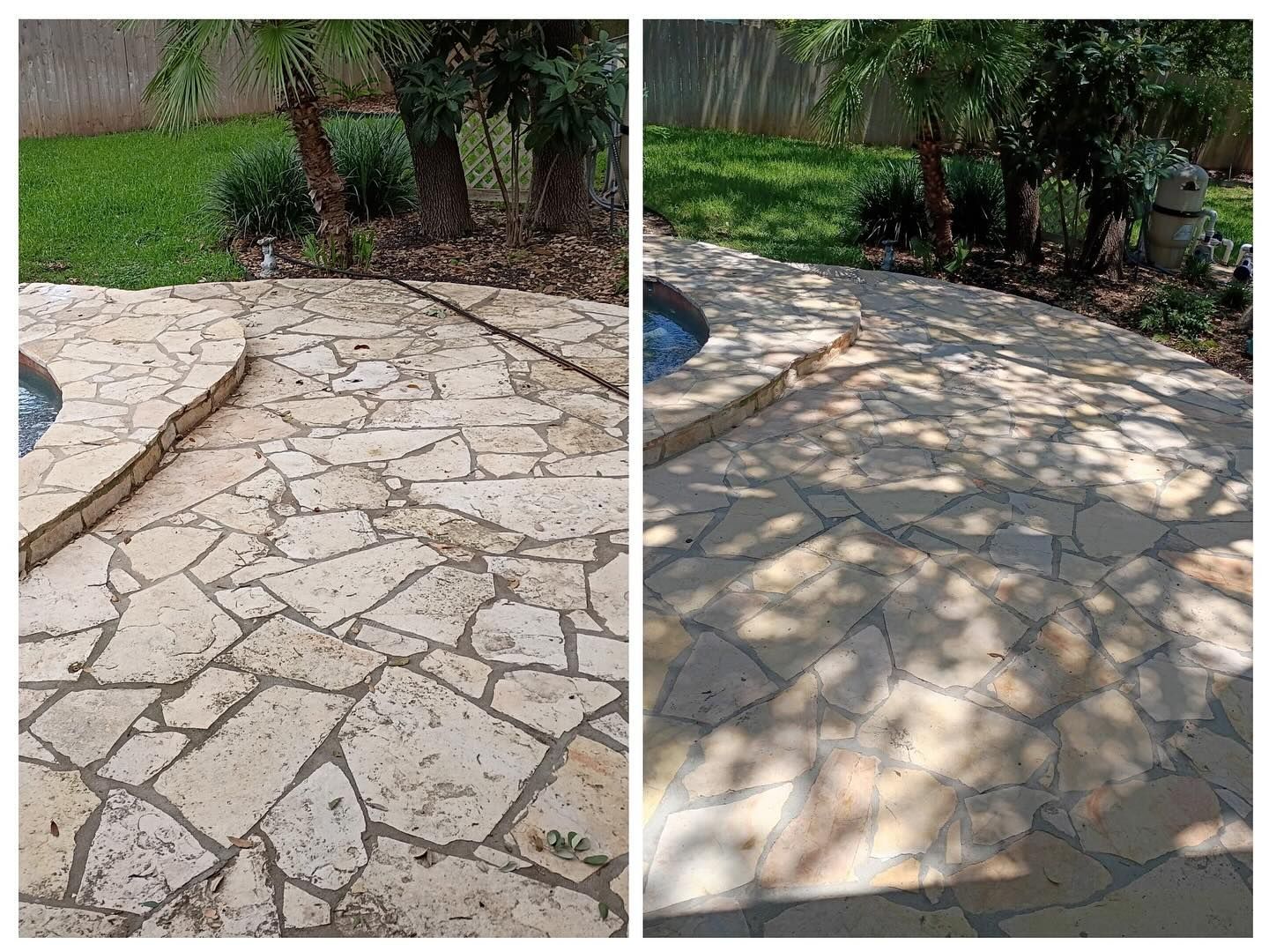 A side-by-side comparison showing a dirty stone patio before and after professional cleaning.
