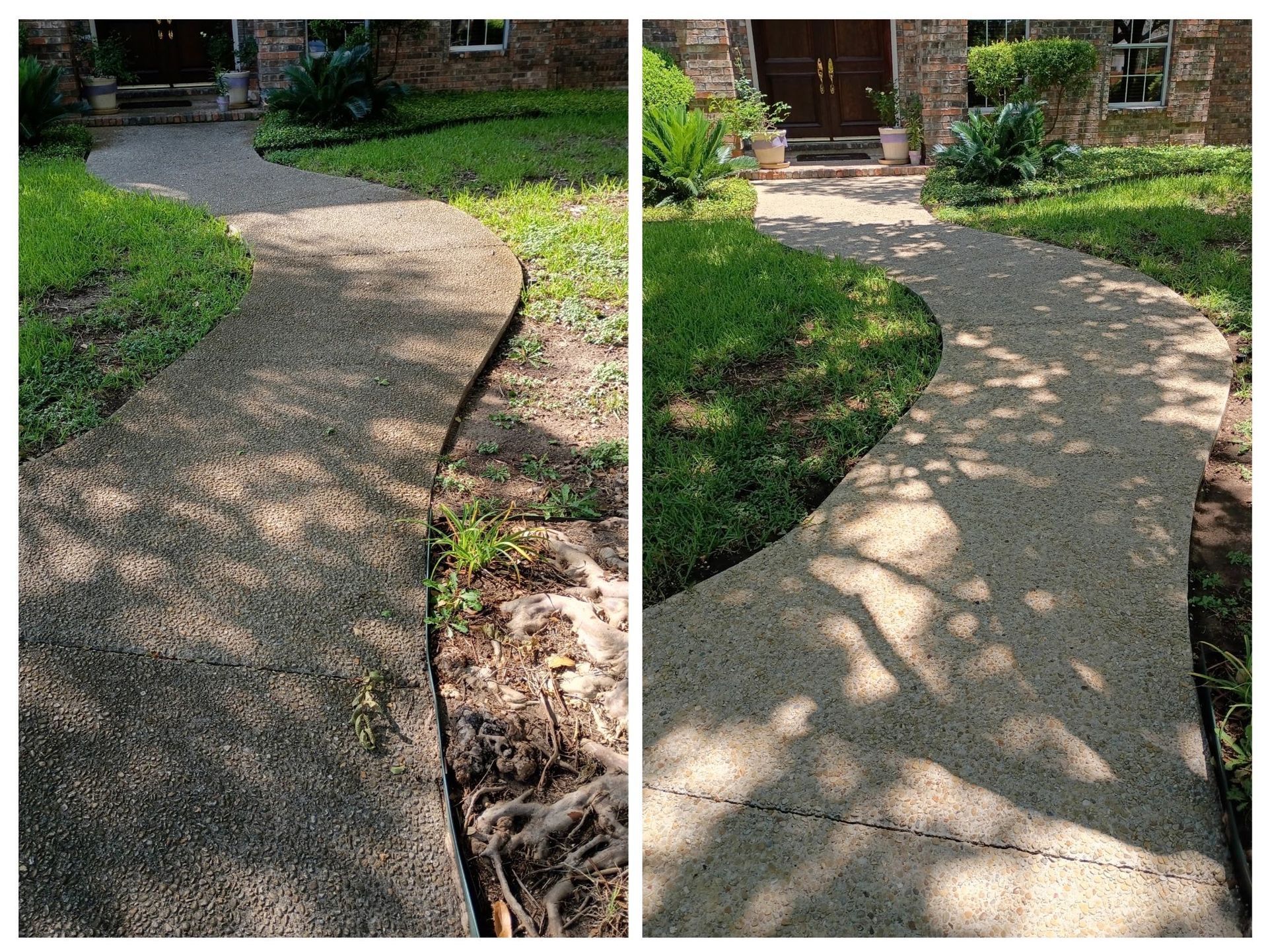 Before-and-after view of a residential walkway, showing the surface cleaned of dirt and debris to reveal light concrete.