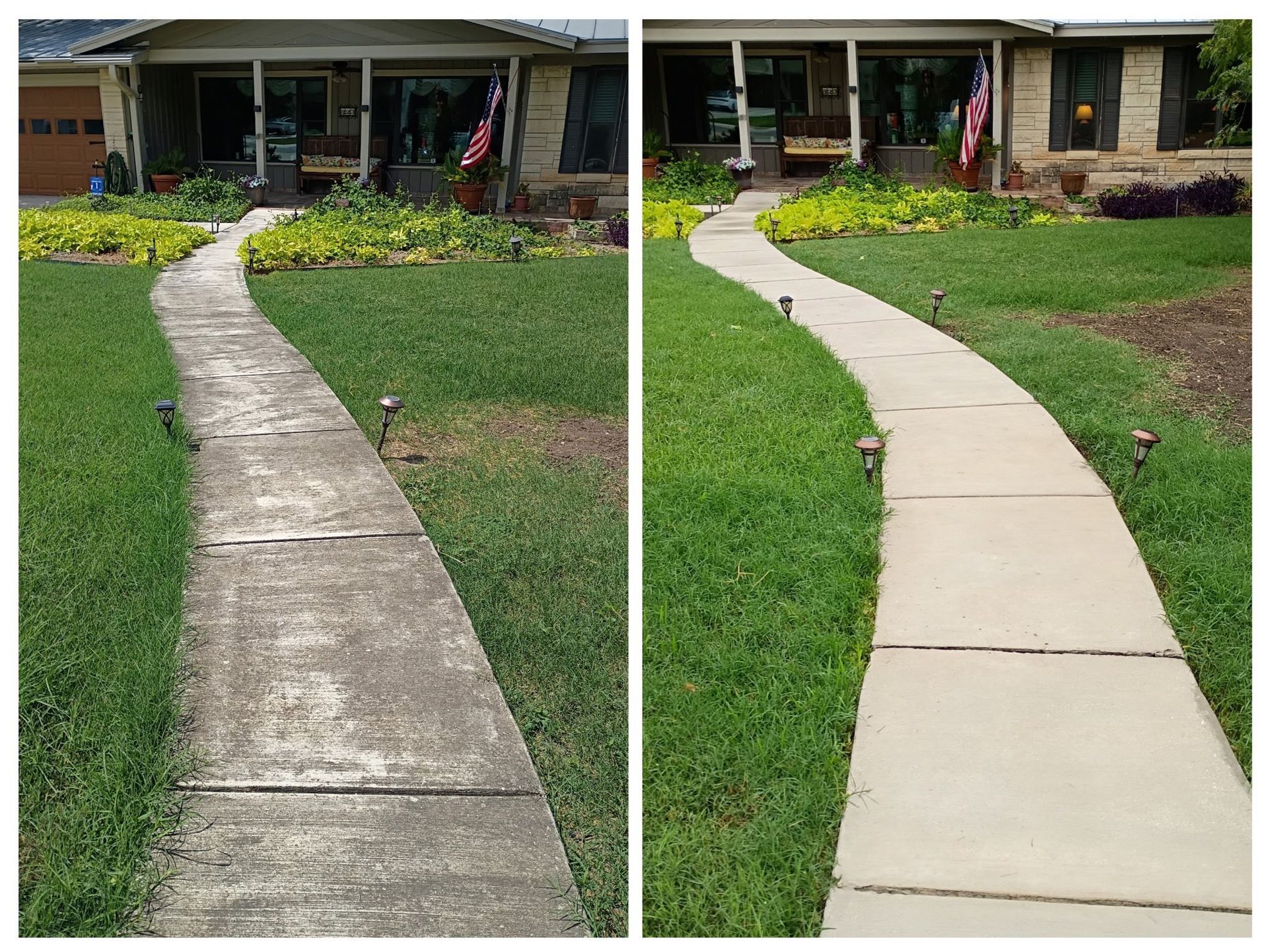 A side-by-side comparison of a home walkway before and after being pressure washed to remove dirt and grime.