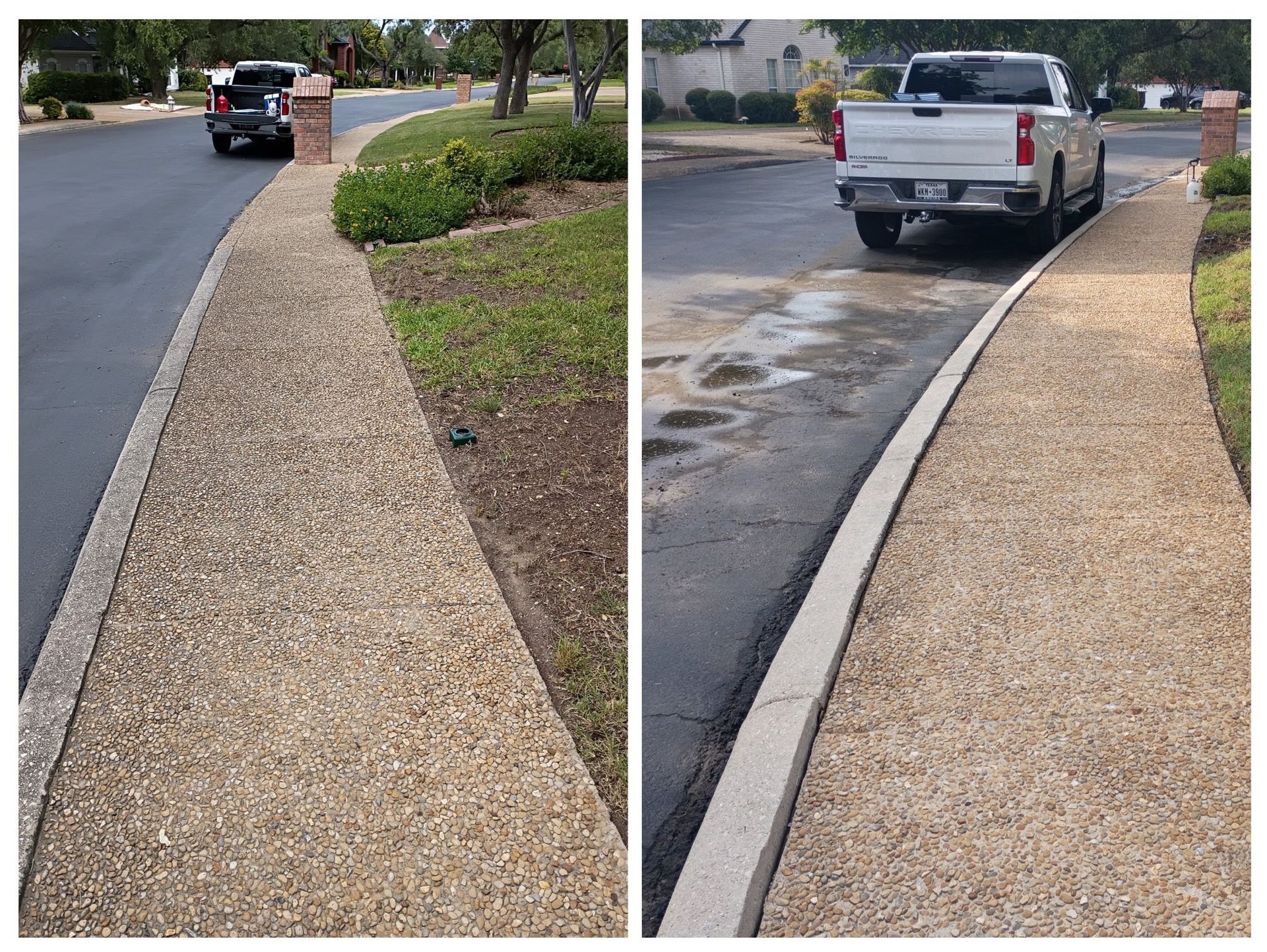 A side-by-side comparison of a paved roadside area covered in gravel, with a truck parked on the street in each view.