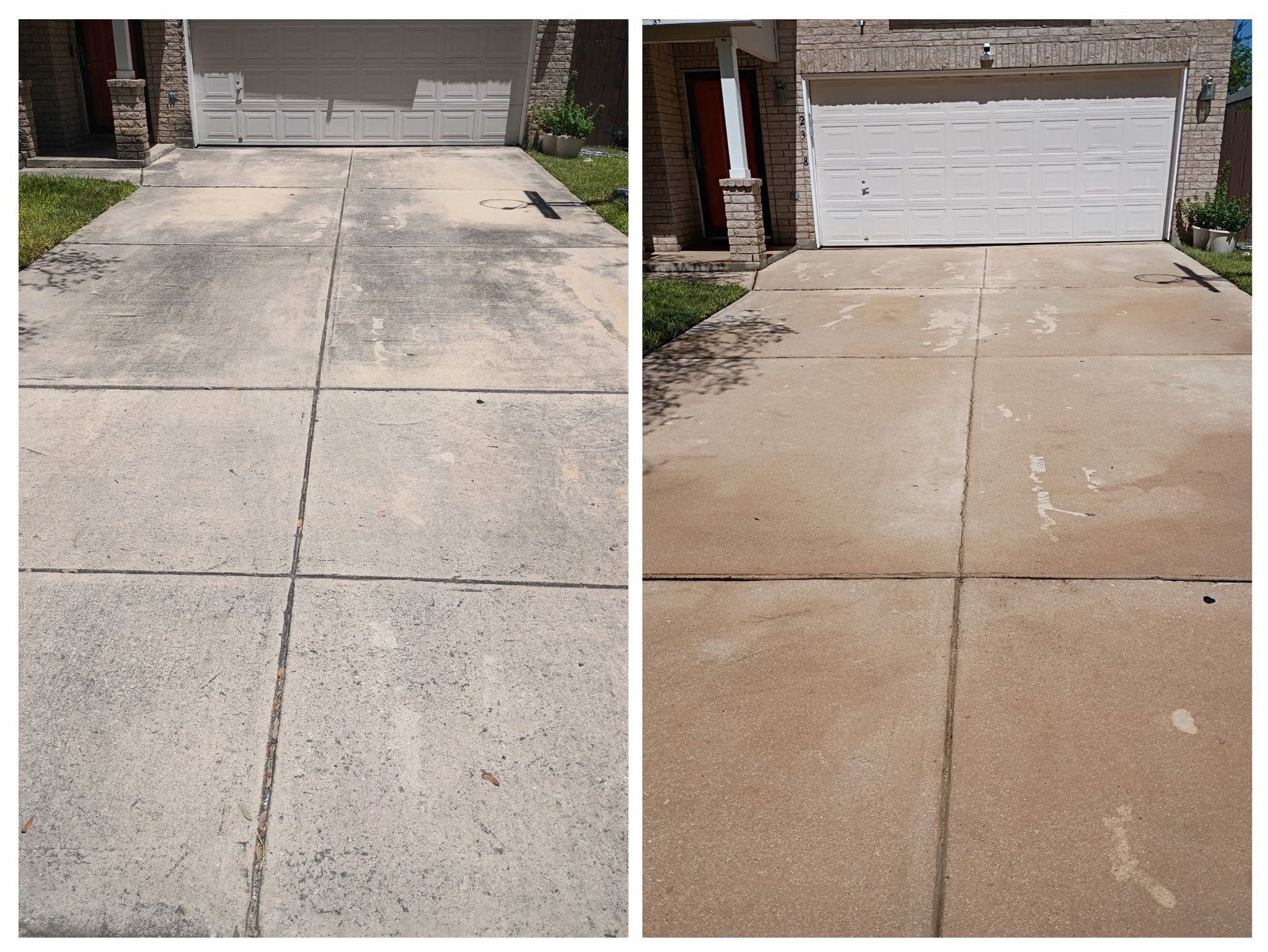 Before and after comparison of a driveway showing significant improvement in cleanliness after power washing.