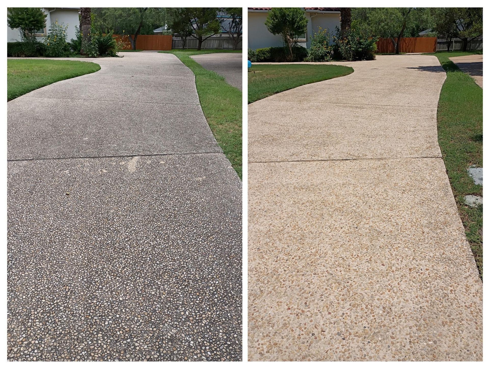 Side-by-side comparison of a driveway before and after professional cleaning, showing a dramatic removal of dark staining.