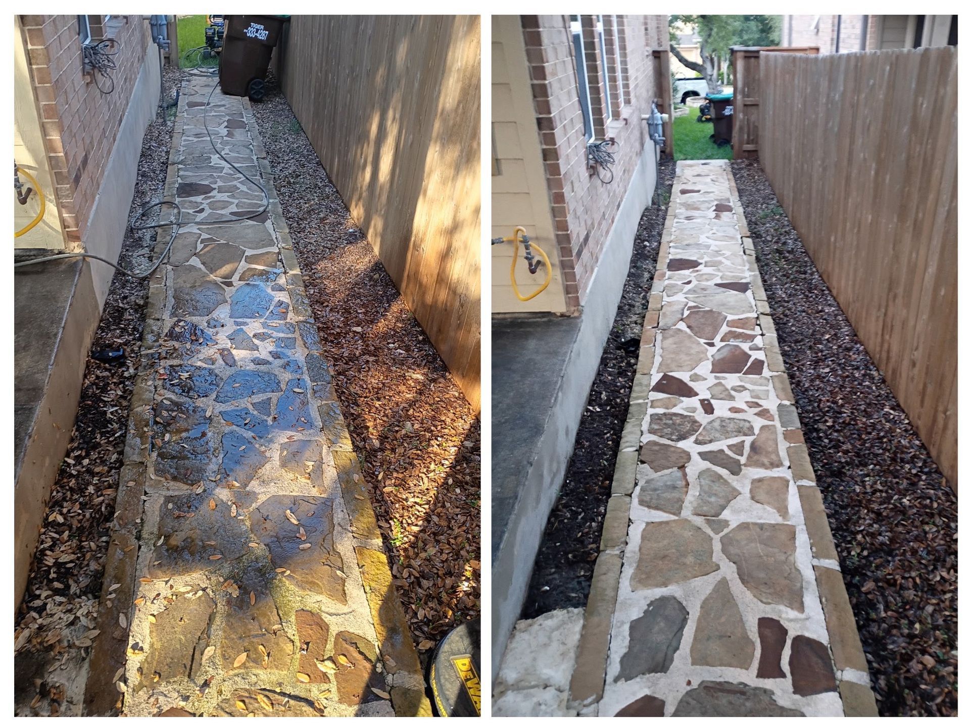 Before and after comparison of a stone walkway in a side yard, showing it cleaned and cleared of debris.