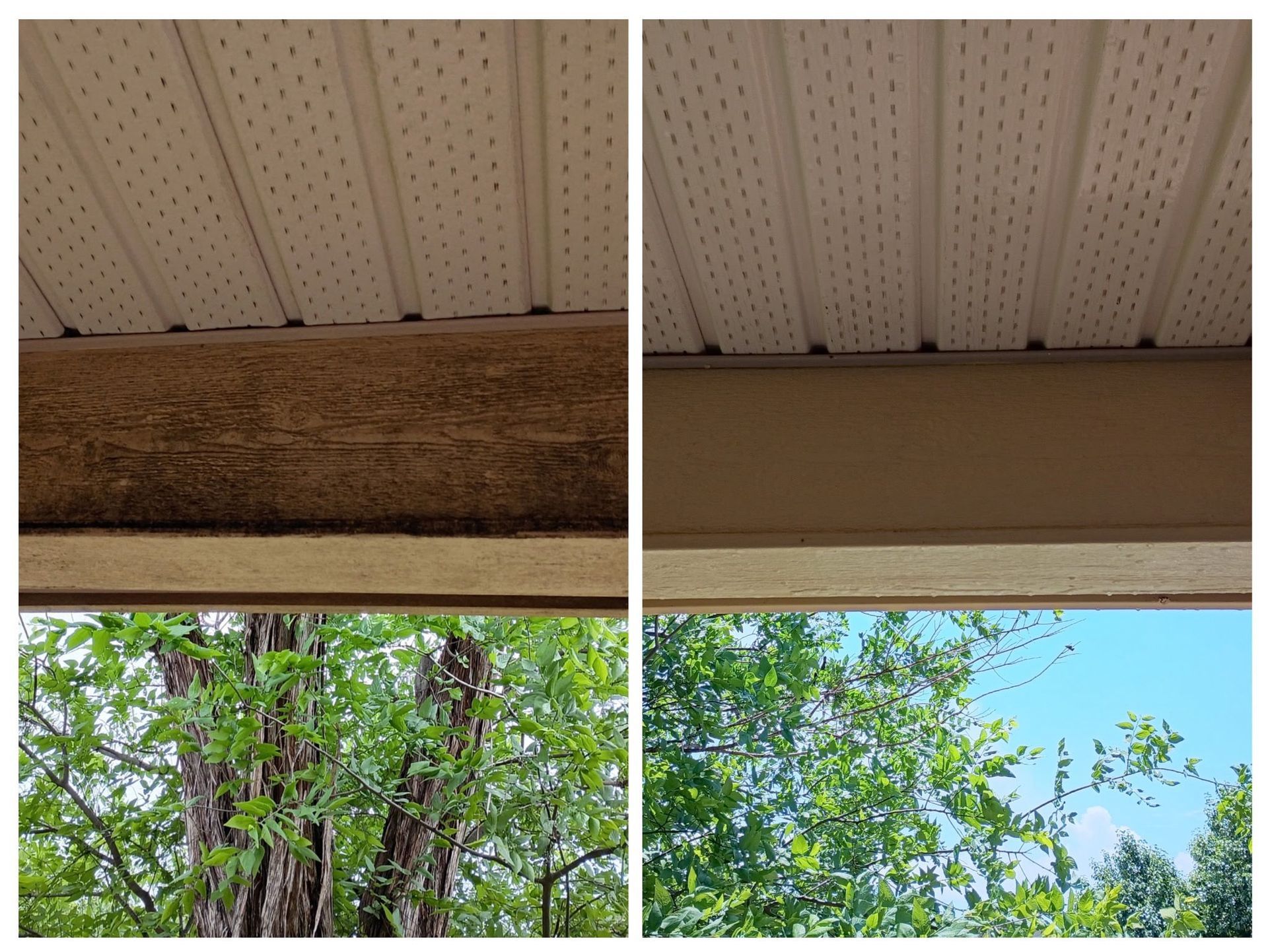 Before and after: A weathered wooden fascia board cleaned to look smooth and newly painted, seen below home soffit vents.