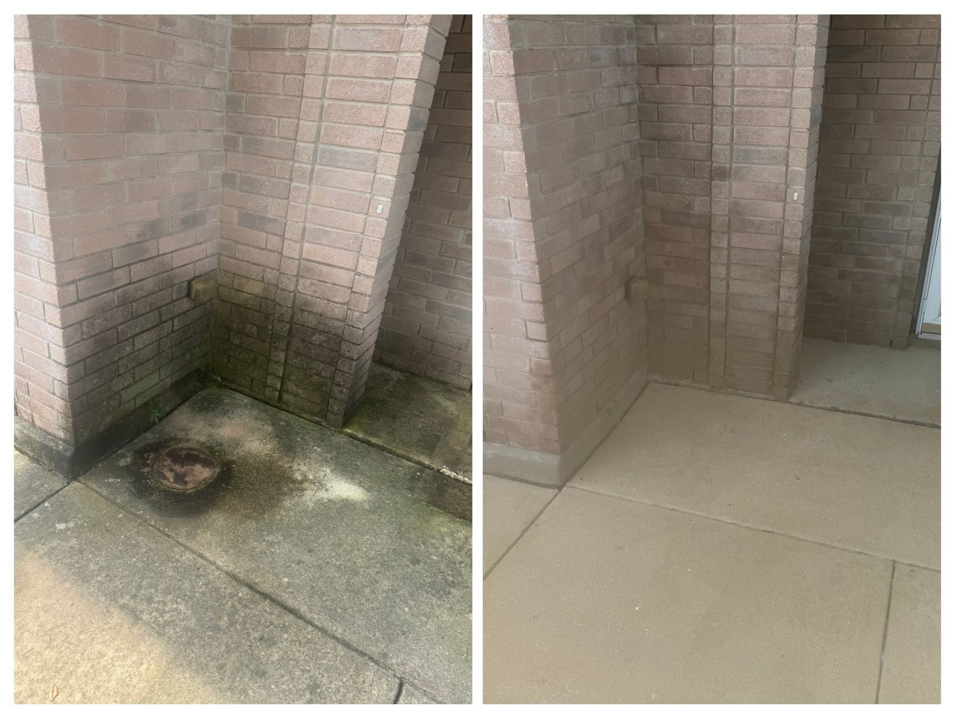 A split-screen comparison showing a brick corner and concrete porch before and after professional power washing.