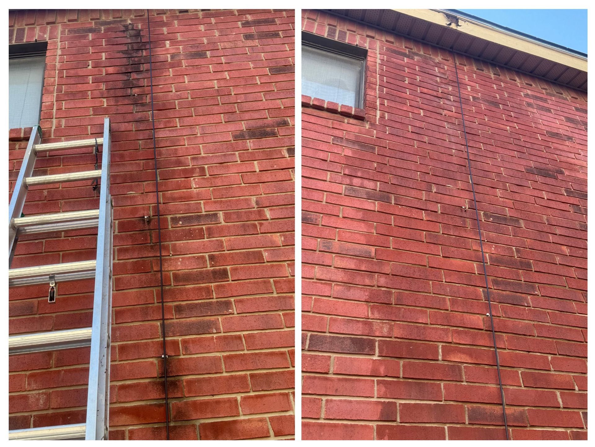 Side-by-side view of a red brick wall showing a dark vertical crack before and after repair.