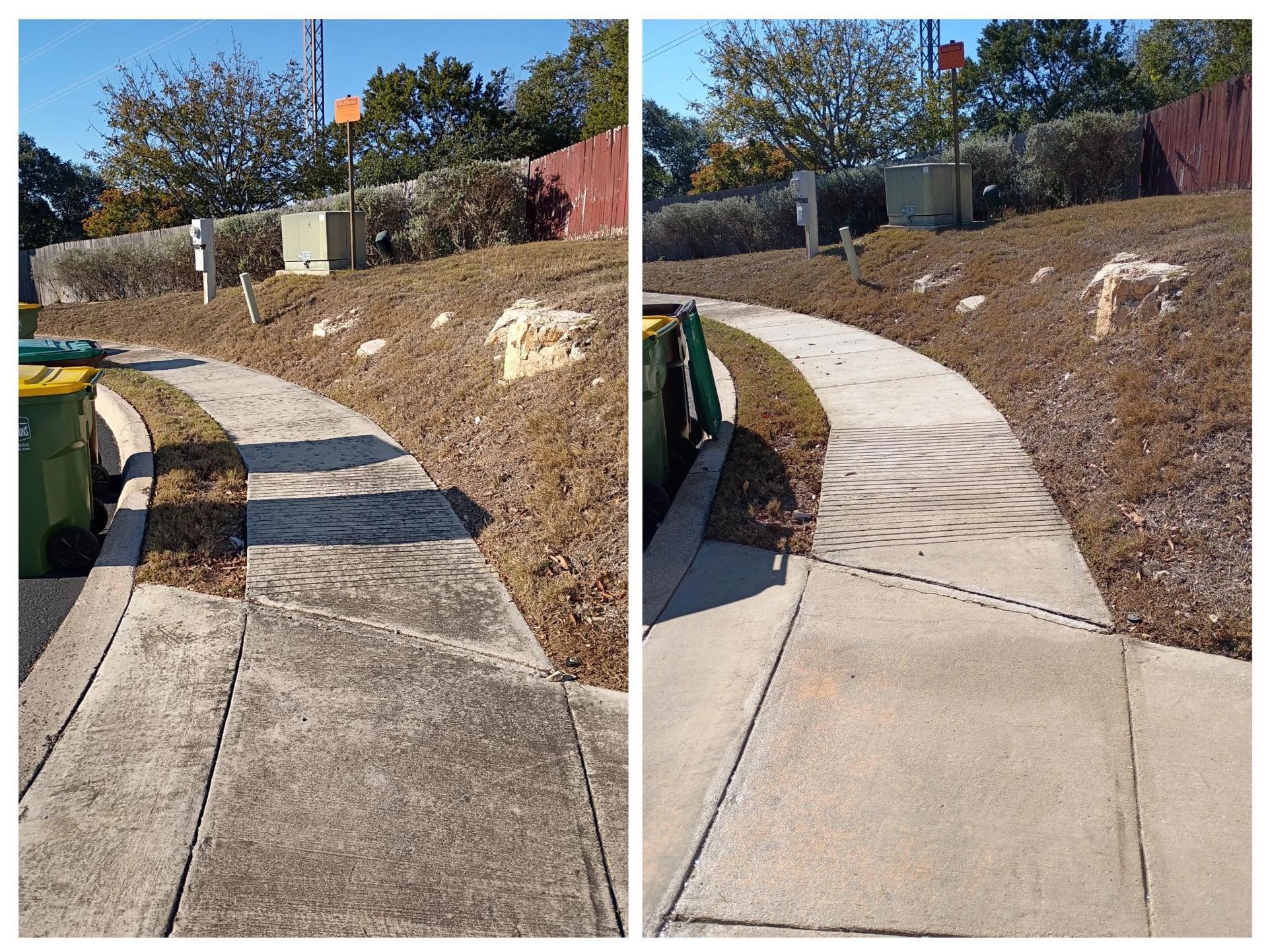 Side-by-side comparison of a sidewalk before and after pressure washing, showing a dirty surface becoming clean.