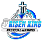 Logo for Risen King Pressure Washing featuring a cross, house silhouettes, and a pressure washer wand in blue and silver.