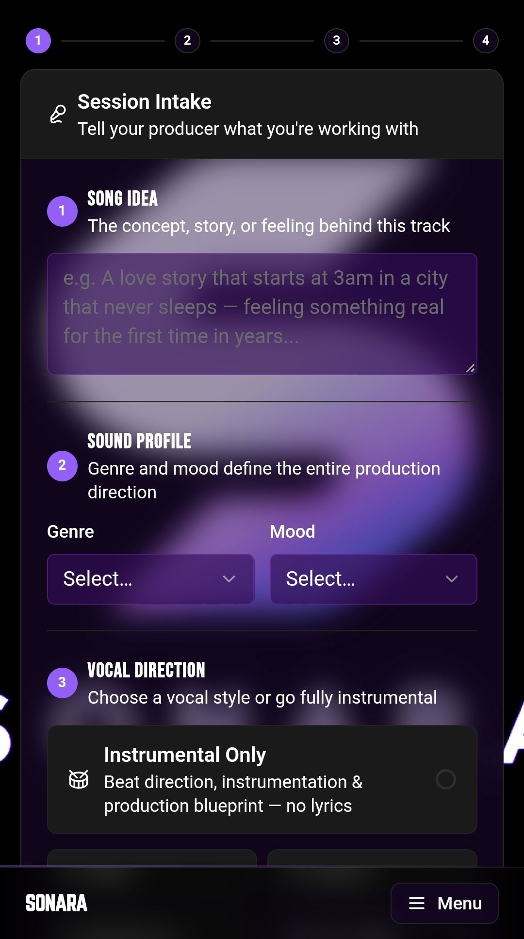 Purple app screen for SONARA STUDIO