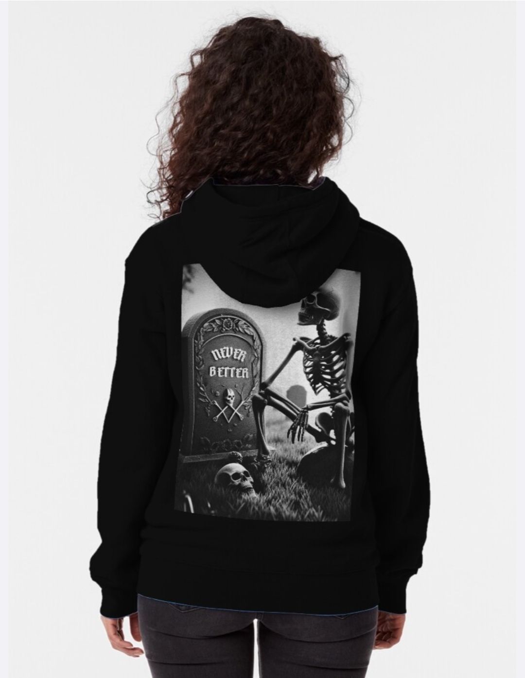 Person wearing a black hoodie with a monochrome skeleton graphic on the back.