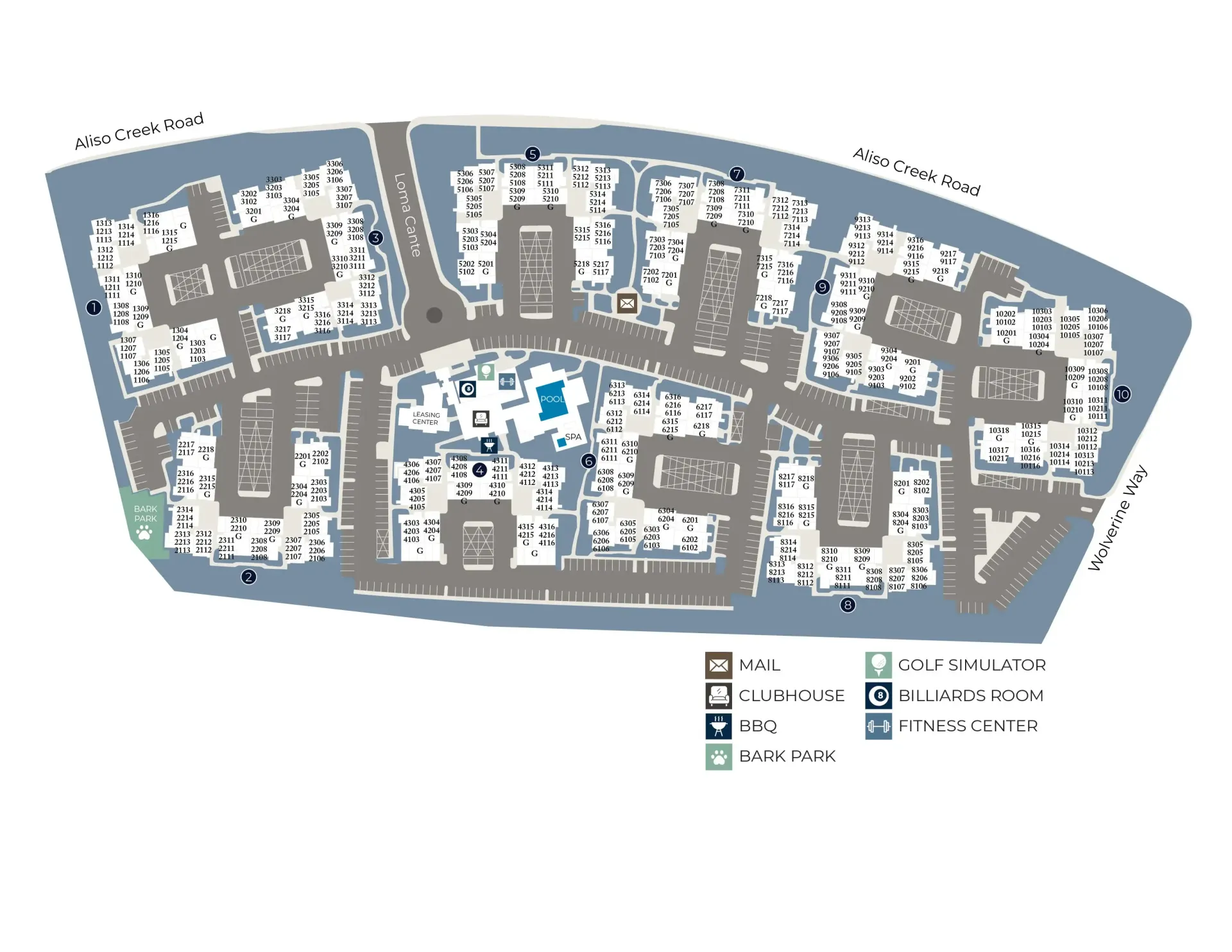Map of a complex, showing buildings and roads. Icons indicate amenities like a gym and pool.