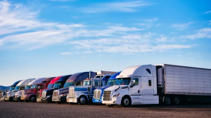 Row of parked semi trucks in a lot under a blue sky, including a white tractor-trailer in front