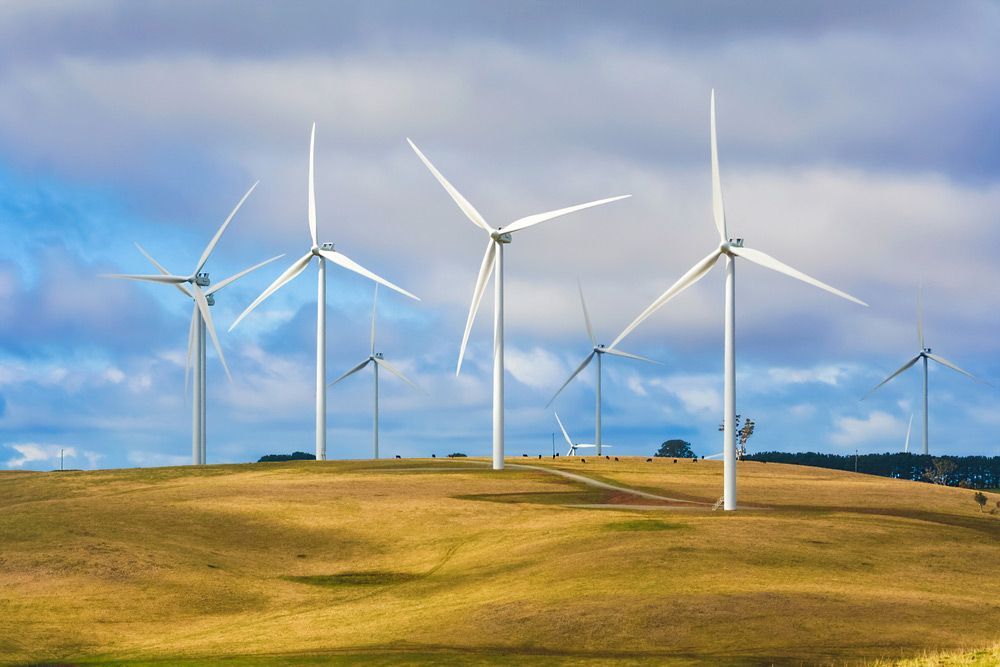Row Of Wind Turbines On Top Of A Grassy Hill — Goulburn Solar In Taralga, NSW