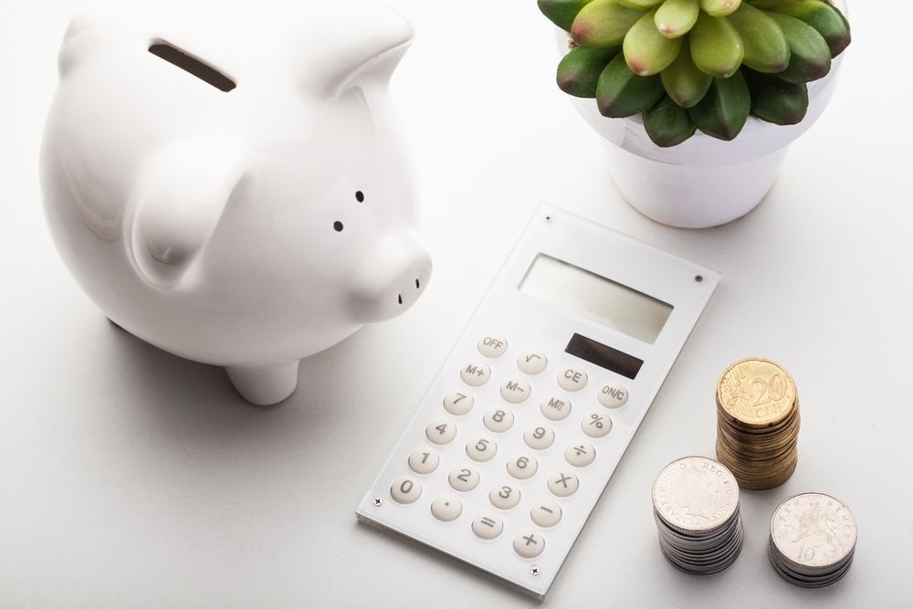 White Piggy Bank, Calculator, Succulent, And Stacked Coins — Goulburn Solar In Goulburn, NSW