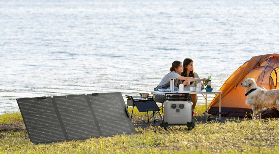 Two Women Sitting at an Outdoor Table Looking at Dog— Goulburn Solar In Goulburn, NSW