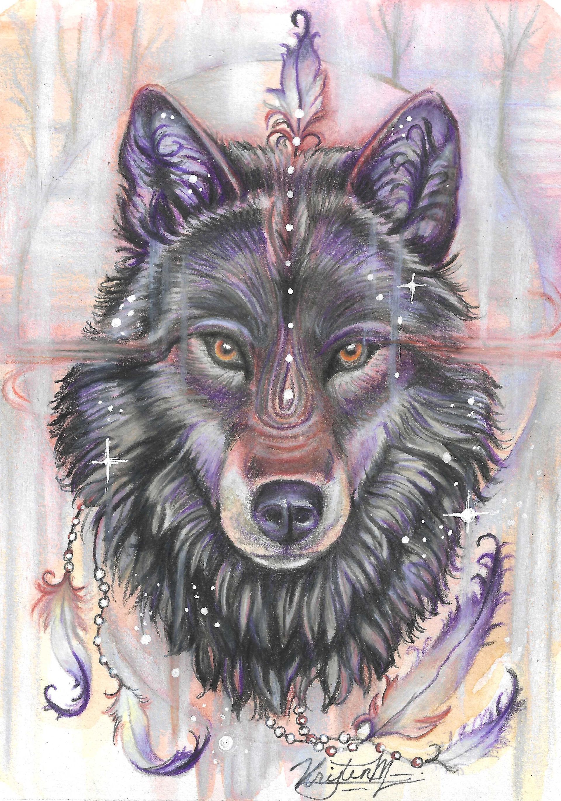 Spirit of the Black Wolf by Kristen Myers, featuring a dark wolf portrait with violet and blue highlights and native feather designs.