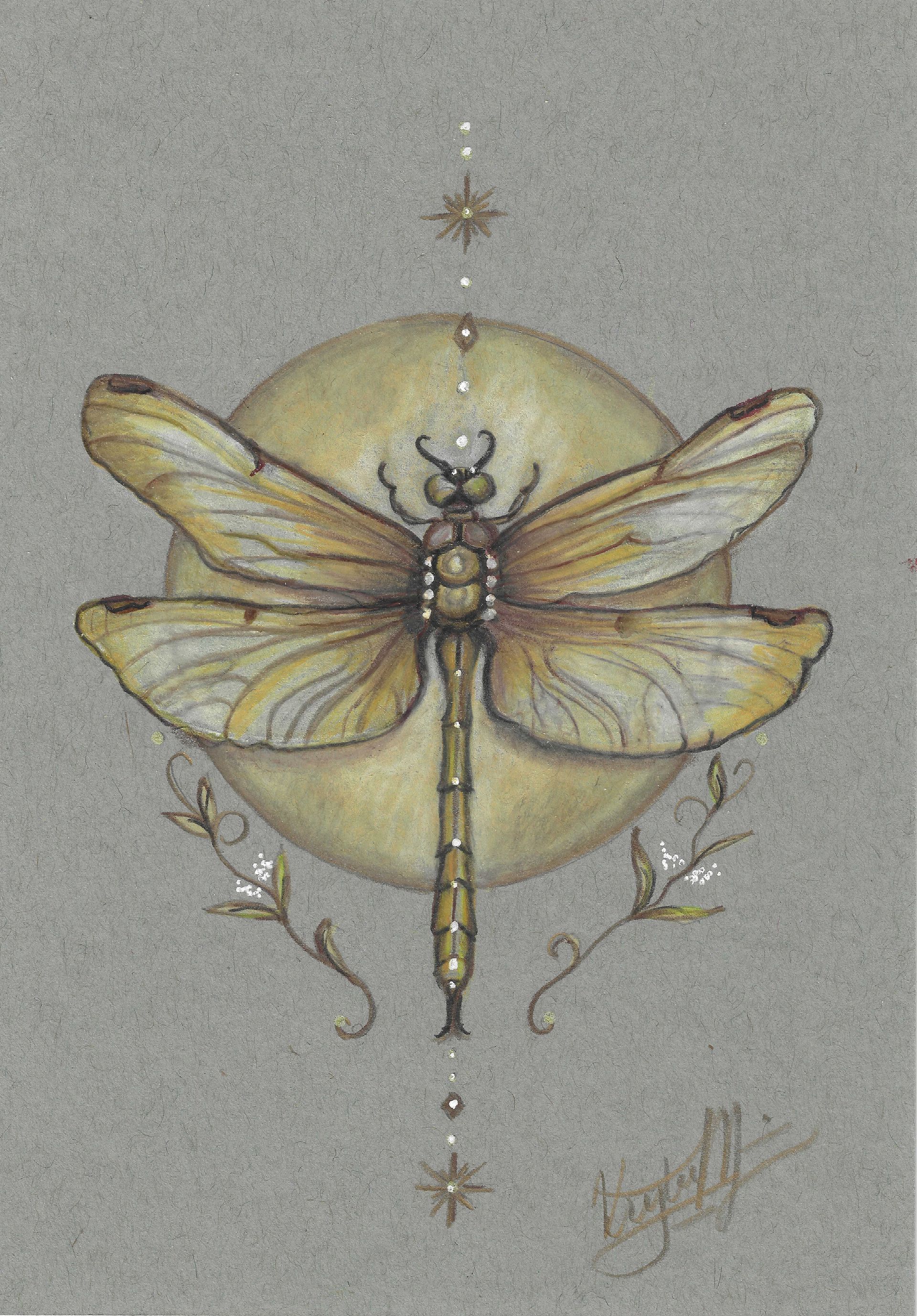 Spirit of the Dragonfly by Kristen Myers, featuring a dragonfly with delicate gold and pale ivory wings, a softly glowing circular background, and botanical details.