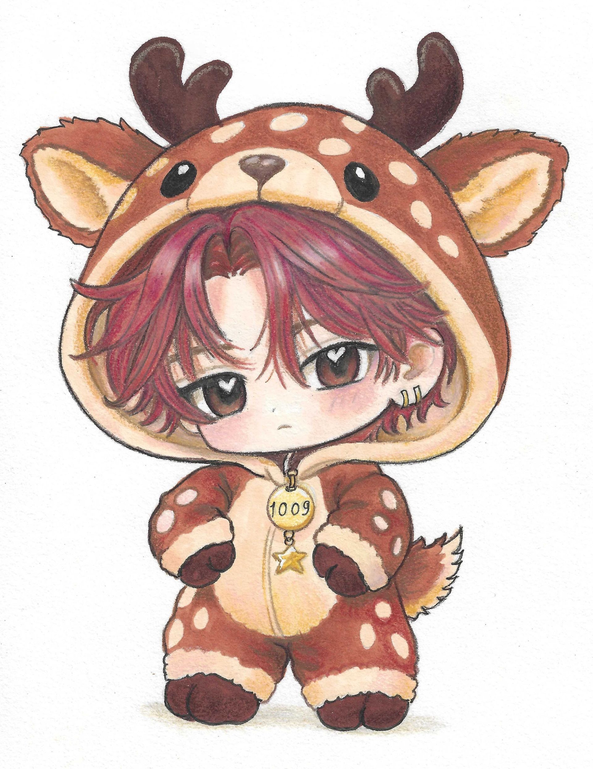 Heeseung - inspired chibi illustration featuring a red-haired character with brown eyes wearing a spotted deer onesie with antlers.