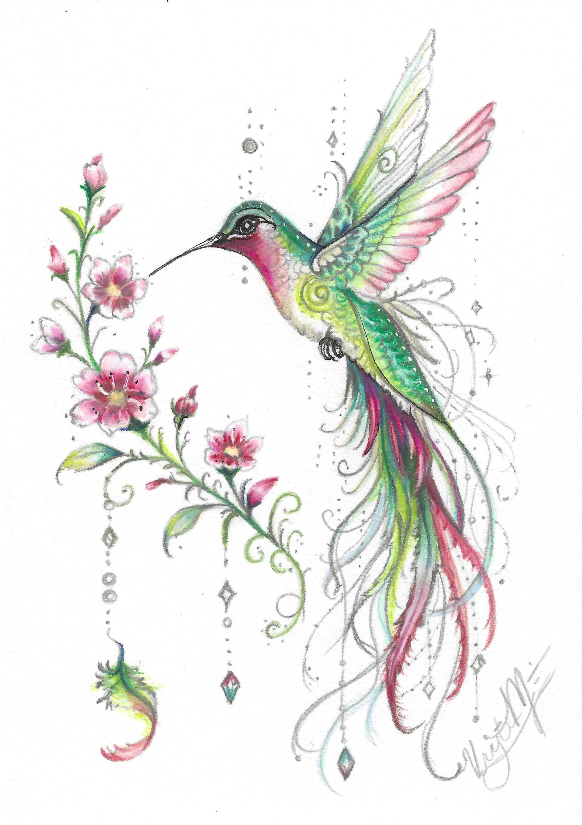 Hummingbird fantasy illustration with delicate flowers, flowing feathers, and colorful detail by Kristen Myers.