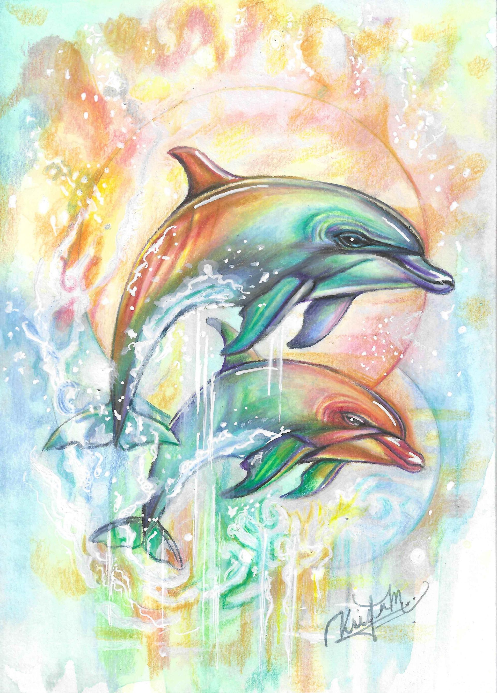 Fantasy illustration of two dolphins in shades of blue, turquoise, and orange, surrounded by soft flowing colors, by Kristen Myers.