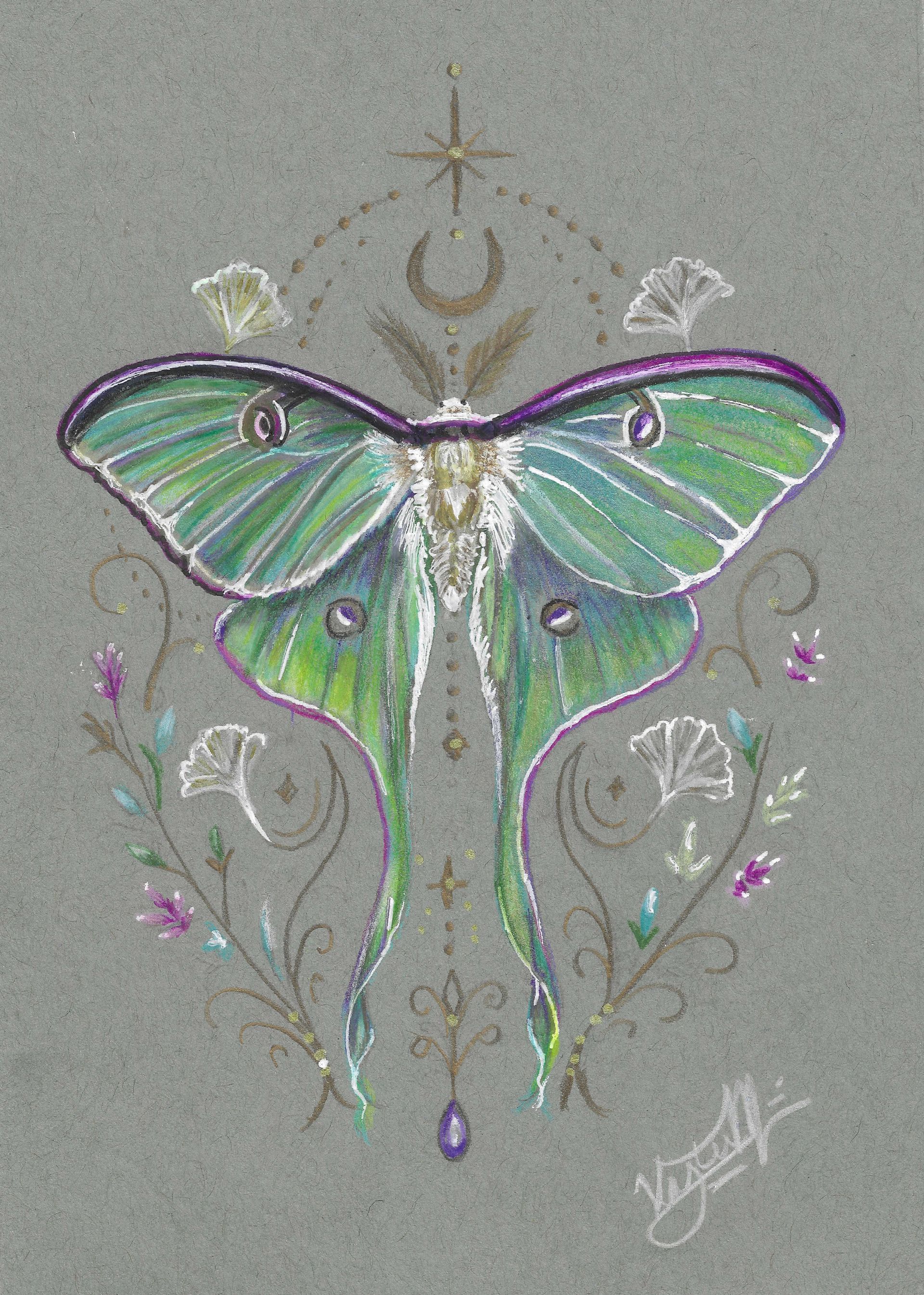 Spirit of the Lunar Moth by Kristen Myers, featuring a luminous green and turquoise luna moth with purple-edged wings, a crescent moon, and delicate botanical background.