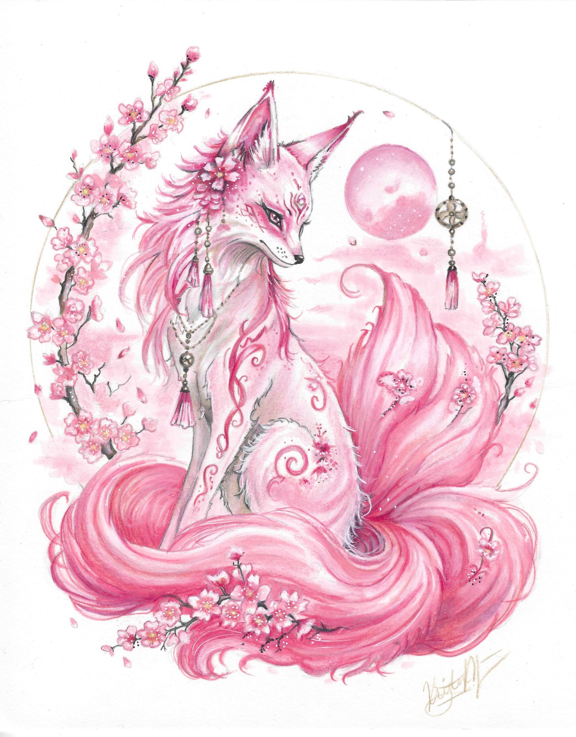 Pink Kitsune Fantasy Fox illustration by Kristen Myers