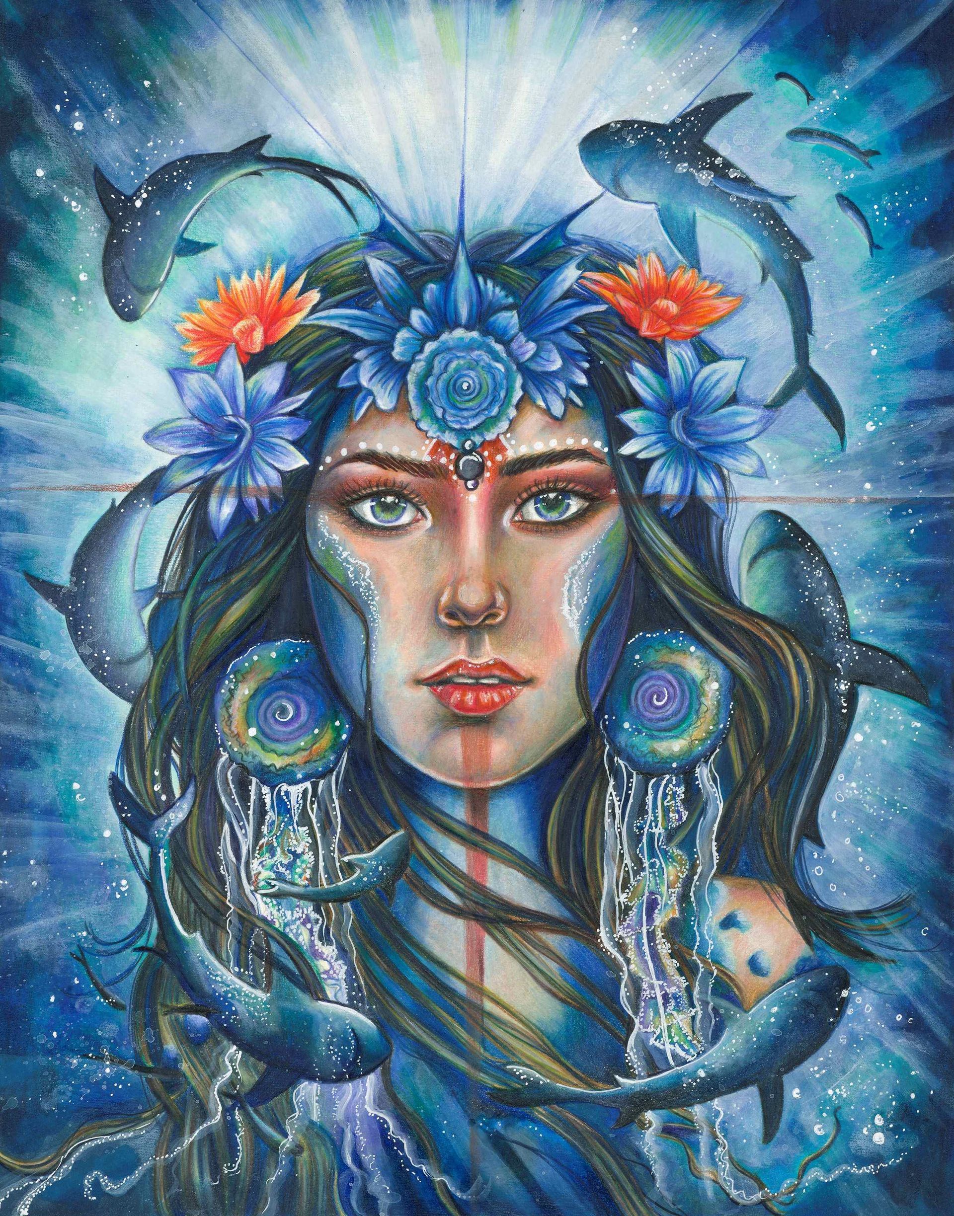 Siren of the Deep by Kristen Myers, a fantasy illustration featuring a mysterious feminine figure with flowing hair, surrounded by swirling ocean-inspired details in shades of blue, turquoise, and deep blue.