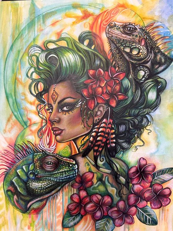 Burn to Rise: Spirit of the Iguana & Red-Tailed Black Cockatoo by Kristen Myers
