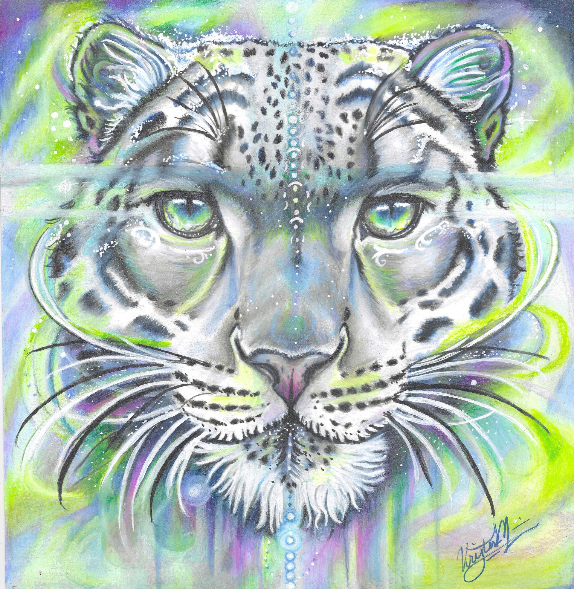 Snow Leopard by Kristen Myers, a commissioned wildlife illustration featuring a close-up snow leopard portrait with piercing pale eyes, intricate spotted fur, and vibrant accents of blue, turquoise, and yellow green.
