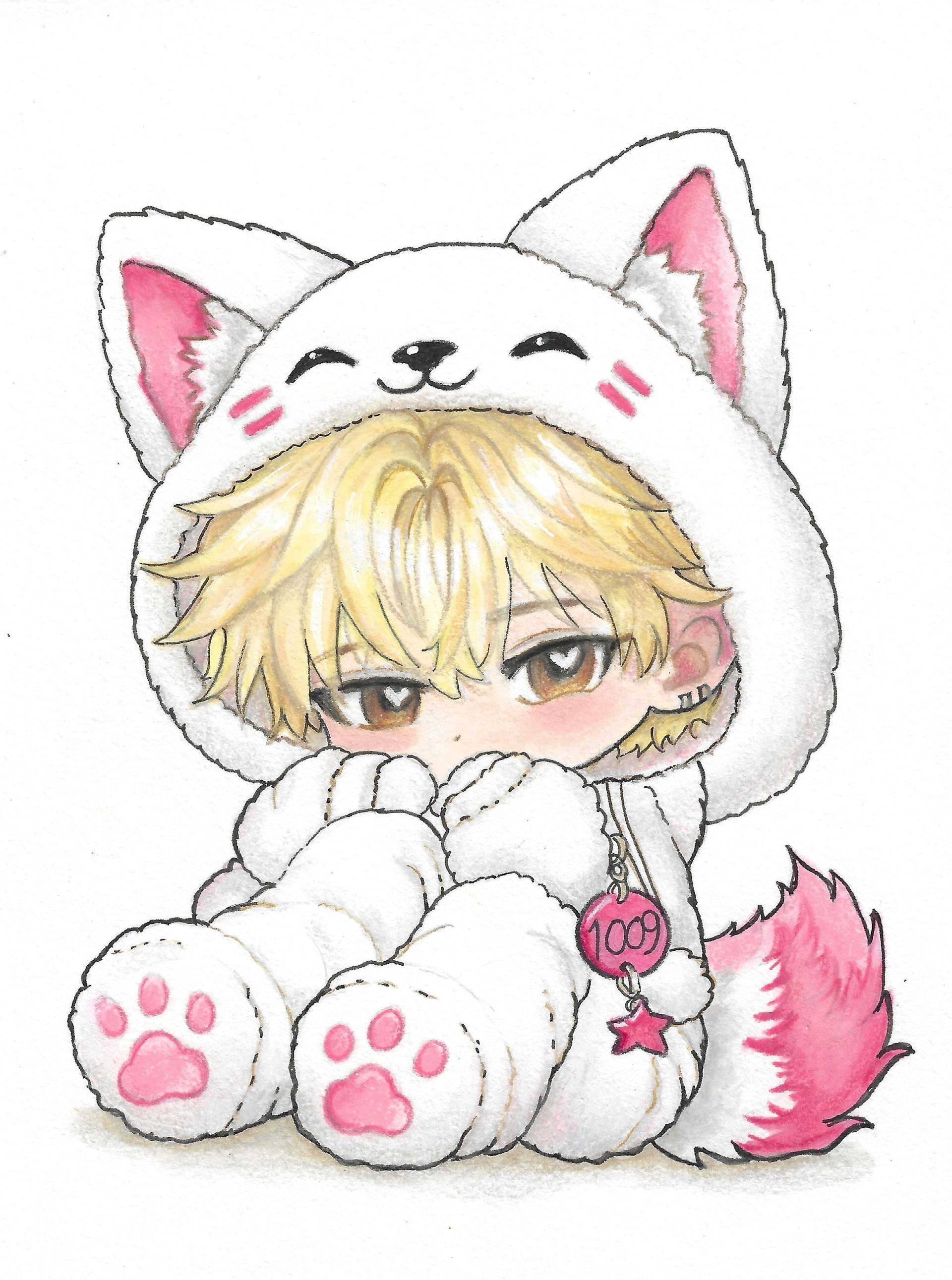 Sunoo - inspired chibi illustration featuring a character with large eyes, wearing a pink and white fox onesie with pointed ears and fluffy tail.