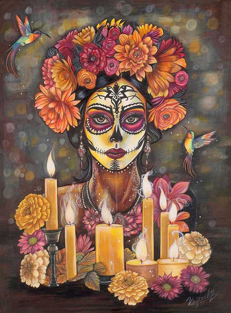 The Messengers by Kristen Myers, a Day of the Dead - inspired illustration featuring a contemplative feminine figure surrounded by richly colored flowers in shades of pink, gold, and orange against a dark background.