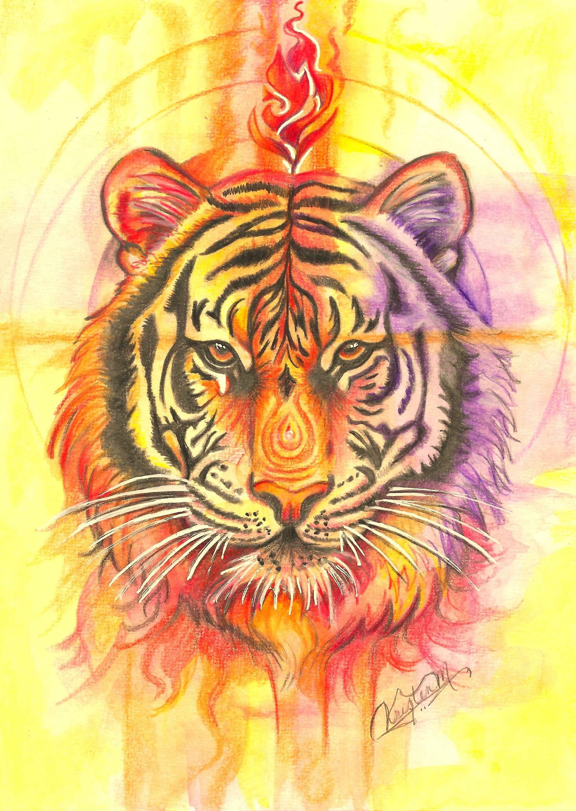 Tiger's Flame by Kristen Myers, a fantasy wildlife illustration featuring a Tiger's face with intricate markings, surrounded by warm shades of gold, yellow, orange, red, and purple with flame- inspired details.