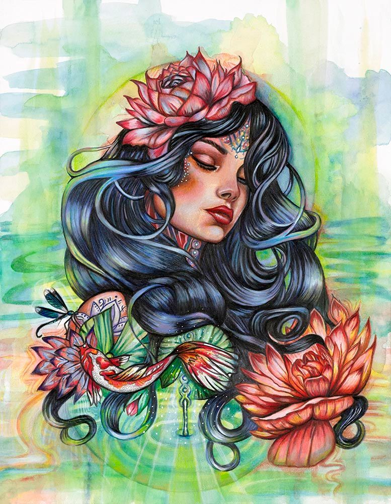 Summer Water Lily Nymph: Spirit of the Koi and Damselfly by Kristen Myers