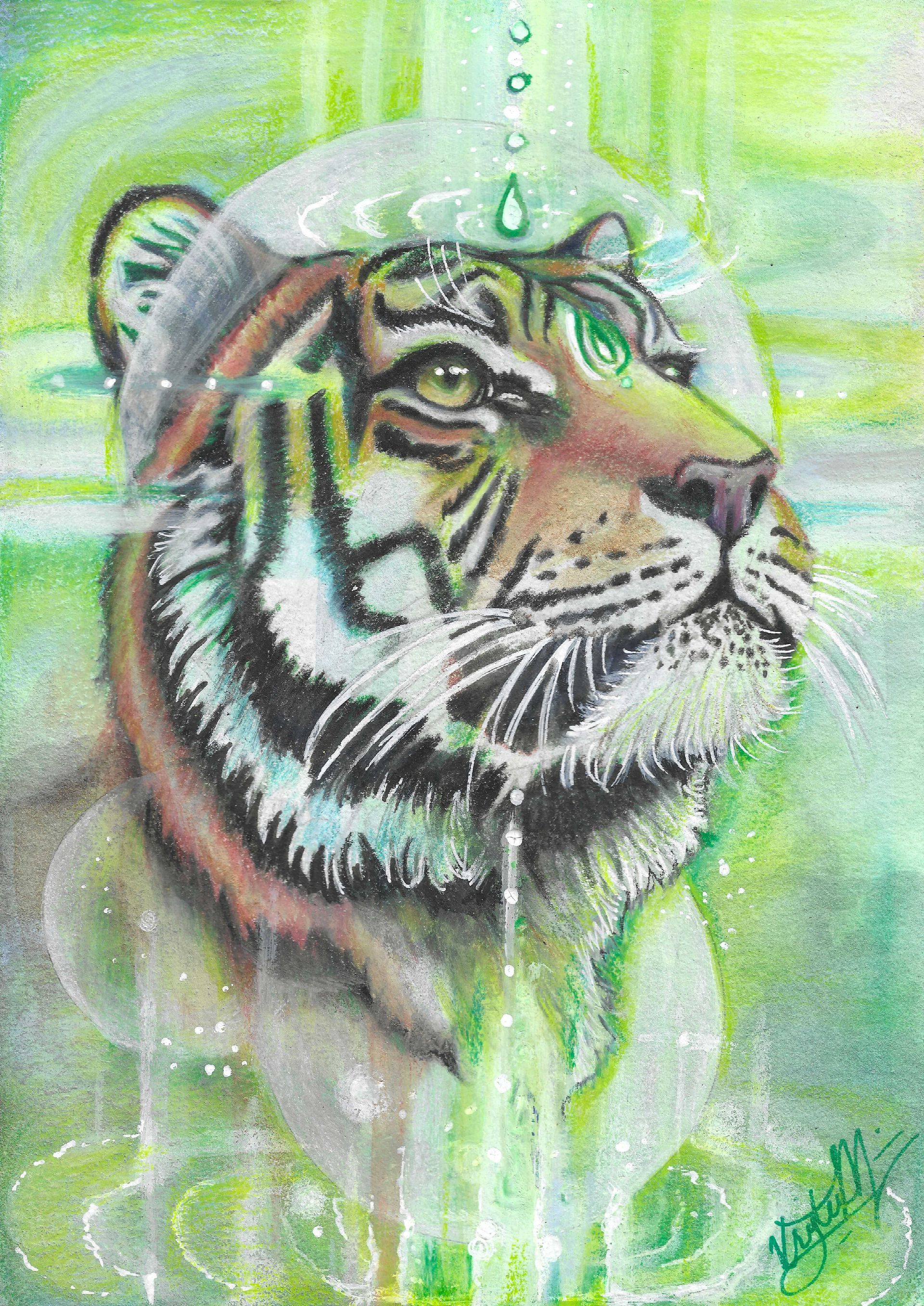 Water Tiger by Kristen Myers, a fantasy wildlife illustration featuring a tiger's face with intricate stripes and flowing, water- inspired details in shades of turquoise, blue, green, and copper.
