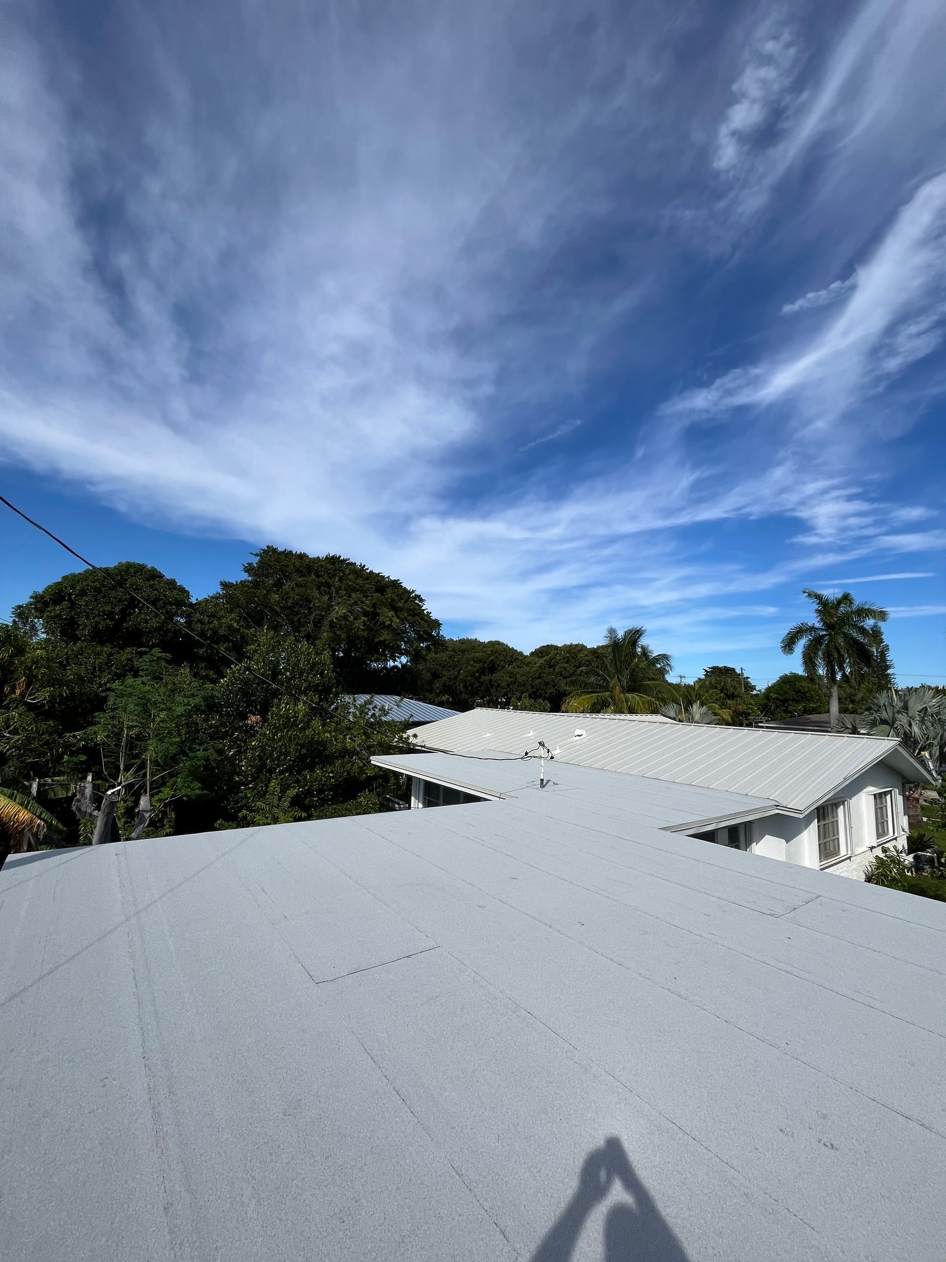 Blue sky with wispy clouds over a light gray flat roof, trees, and a building.