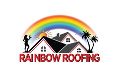 Rainbow Roofing logo with rainbow, rooftops, sun, palm trees, and worker silhouette.