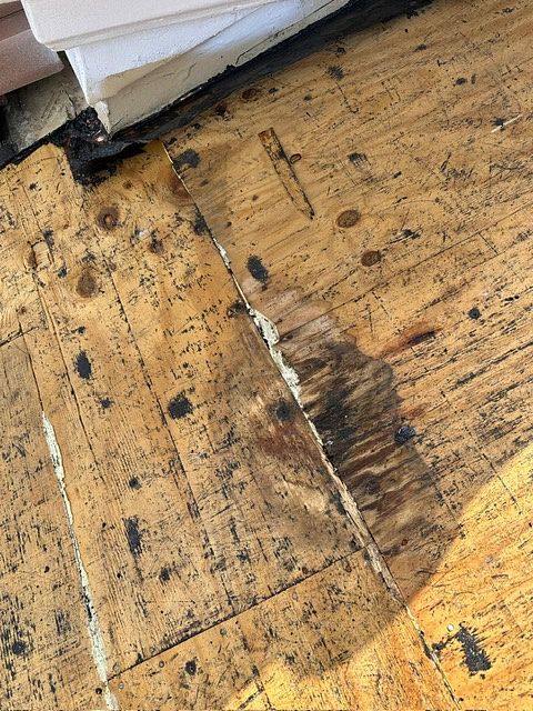 Close-up of weathered plywood, with a crack running through it, showing exposed wood.