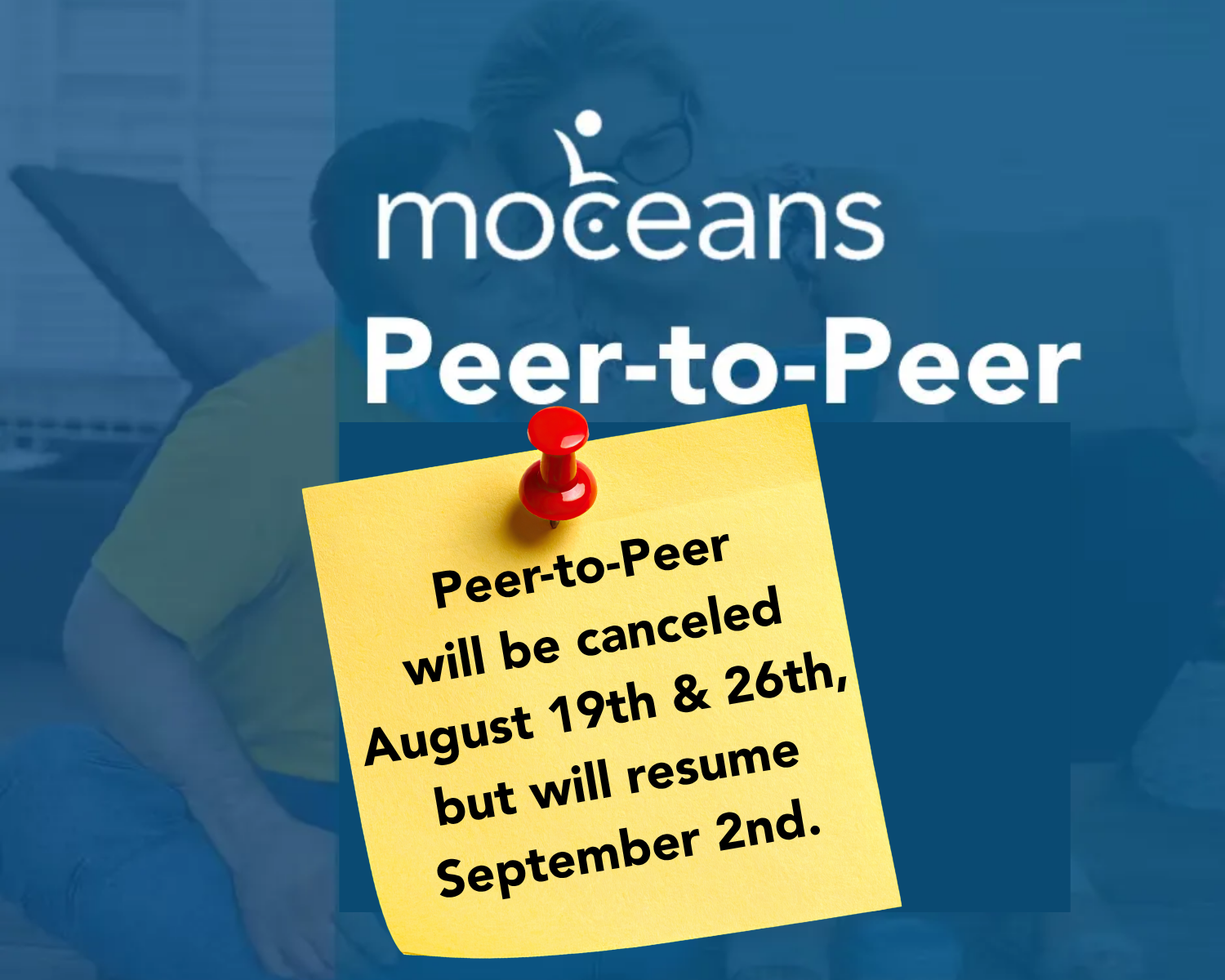 Moceans Peer-to-Peer Zoom meeting flyer with time, meeting ID, dial-in number, and “Connect & Share!” button