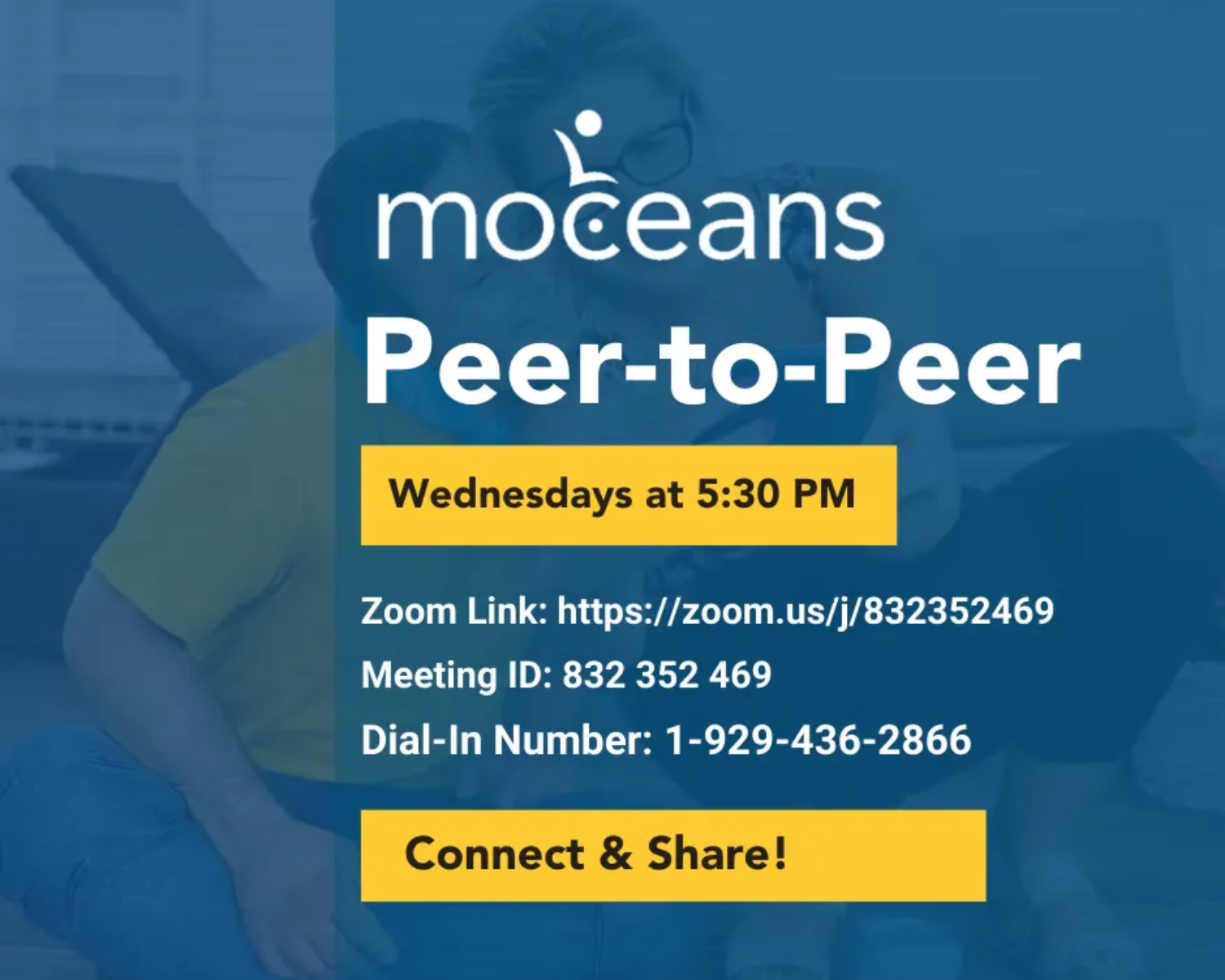 Moceans Peer-to-Peer Zoom meeting flyer with time, meeting ID, dial-in number, and “Connect & Share!” button
