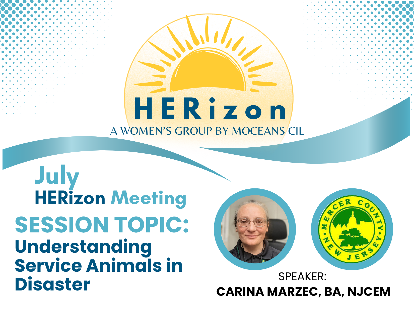 HERizon logo with yellow sunrise above blue text on white background with a summary of the session topic and guest speaker information. 
