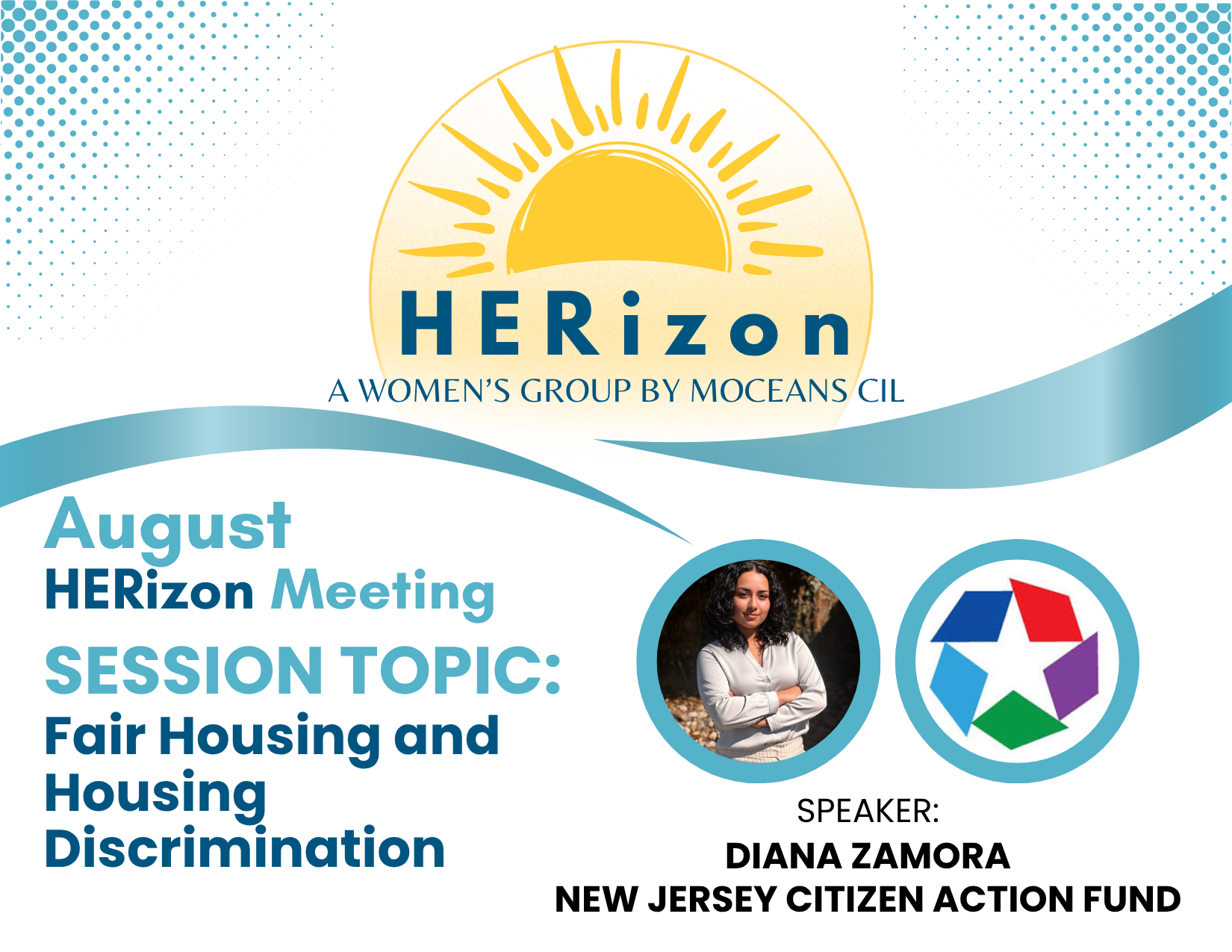 HERizon logo with yellow sunrise above blue text on white background with a summary of the session topic and guest speaker information. 