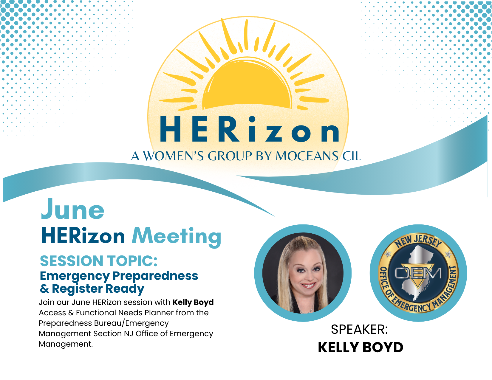 HERizon logo with yellow sunrise above blue text on white background