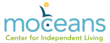 Moeans Center for Independent Living logo in blue and green with stylized figure and sun